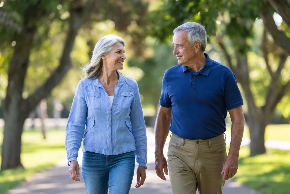 Active adults walking outdoors